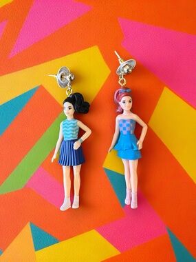 Cute Doll Drop Earrings in Blue with Pink Accents